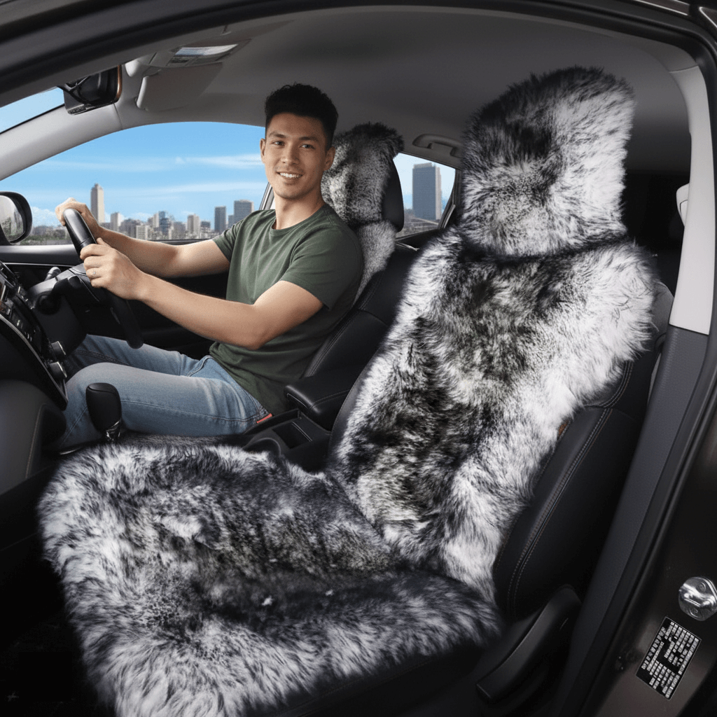 Man sitting in a car with long wool car seat covers