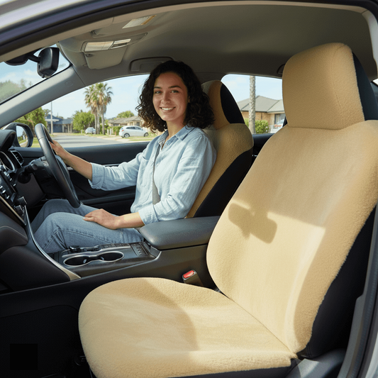 Woman sitting in a car with ivory car seat covers